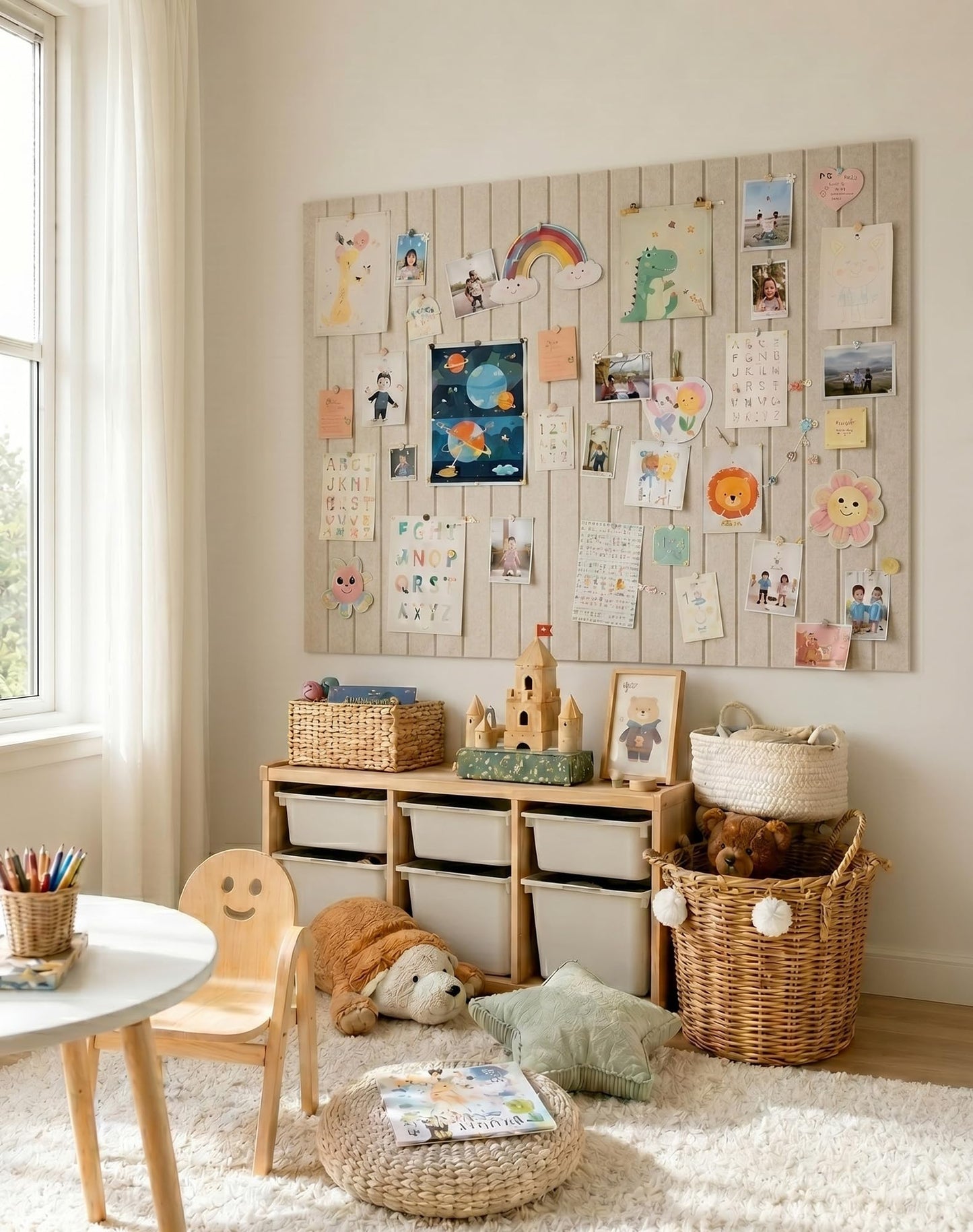 Aothia Felt Bulletin Board Tiles Large 48" x 36" Cork Board Alternative - 12-Pack with 70 Adhesive Tabs, Thick Slat Wall Panels for Office Decor, Push Pin Board Wall Organizer Alternative - Oatmeal