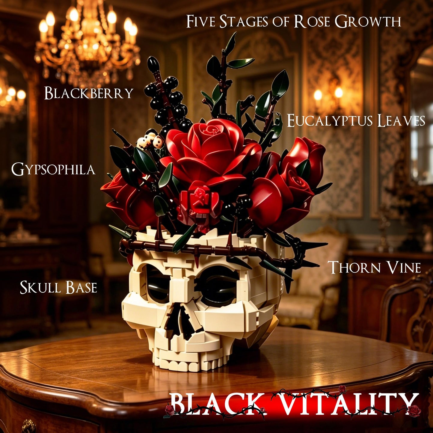 HUNKING Gothic Skull Roses Flower Bouquet Building Set, Botanical Skeleton Pot Collection Building Blocks for Adults, Horror Plants Flower Table Home Decor, Goth Gift for Valentine Mother's Day