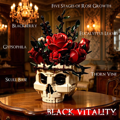 HUNKING Gothic Skull Roses Flower Bouquet Building Set, Botanical Skeleton Pot Collection Building Blocks for Adults, Horror Plants Flower Table Home Decor, Goth Gift for Valentine Mother's Day