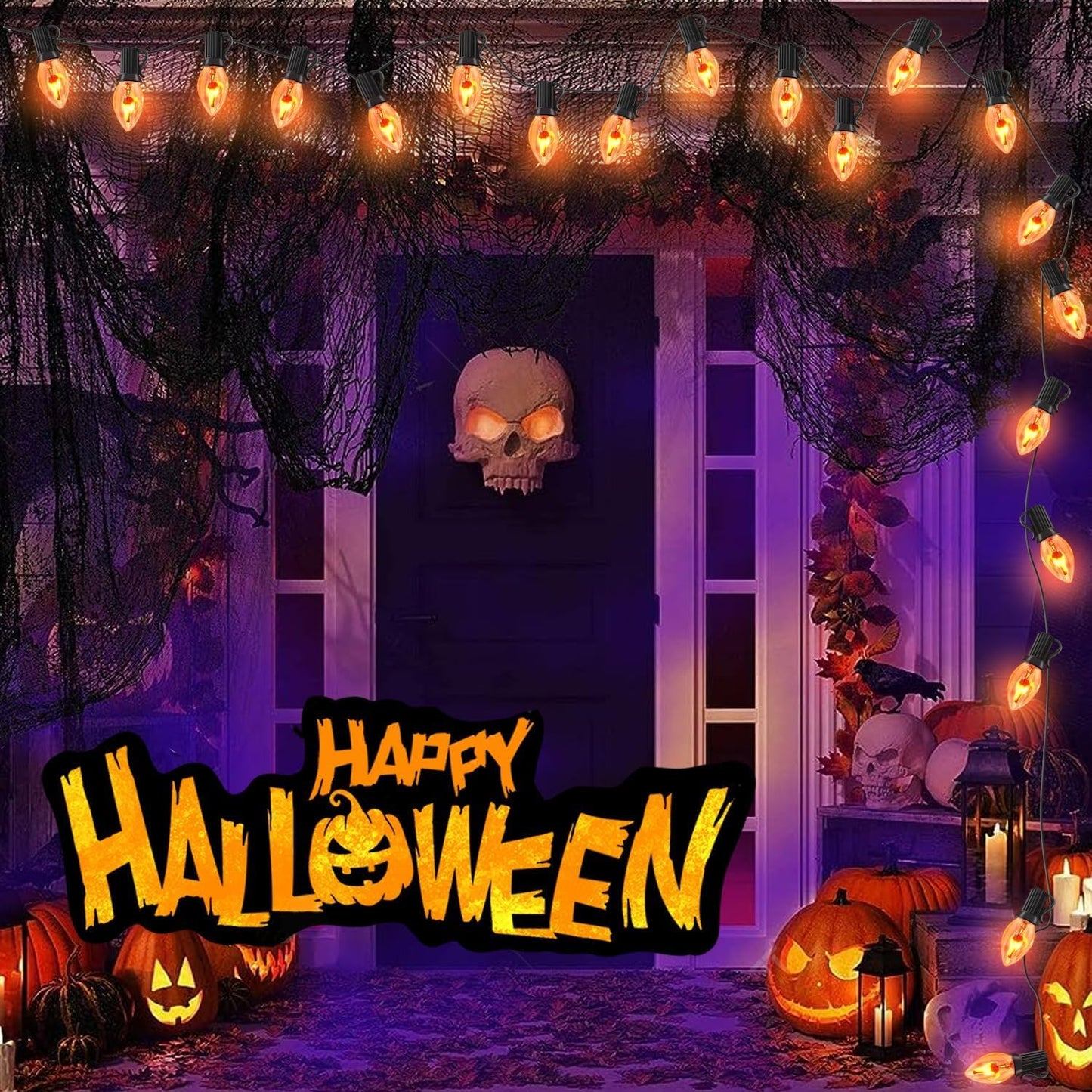 C7 Christmas Flicker Flame String Lights, 25Ft C7 Outdoor Christmas Decorations String Lights with Clear Flicker Flame Bulbs, Hanging Patio Lights for Christmas Halloween Party Garden Porch-Black
