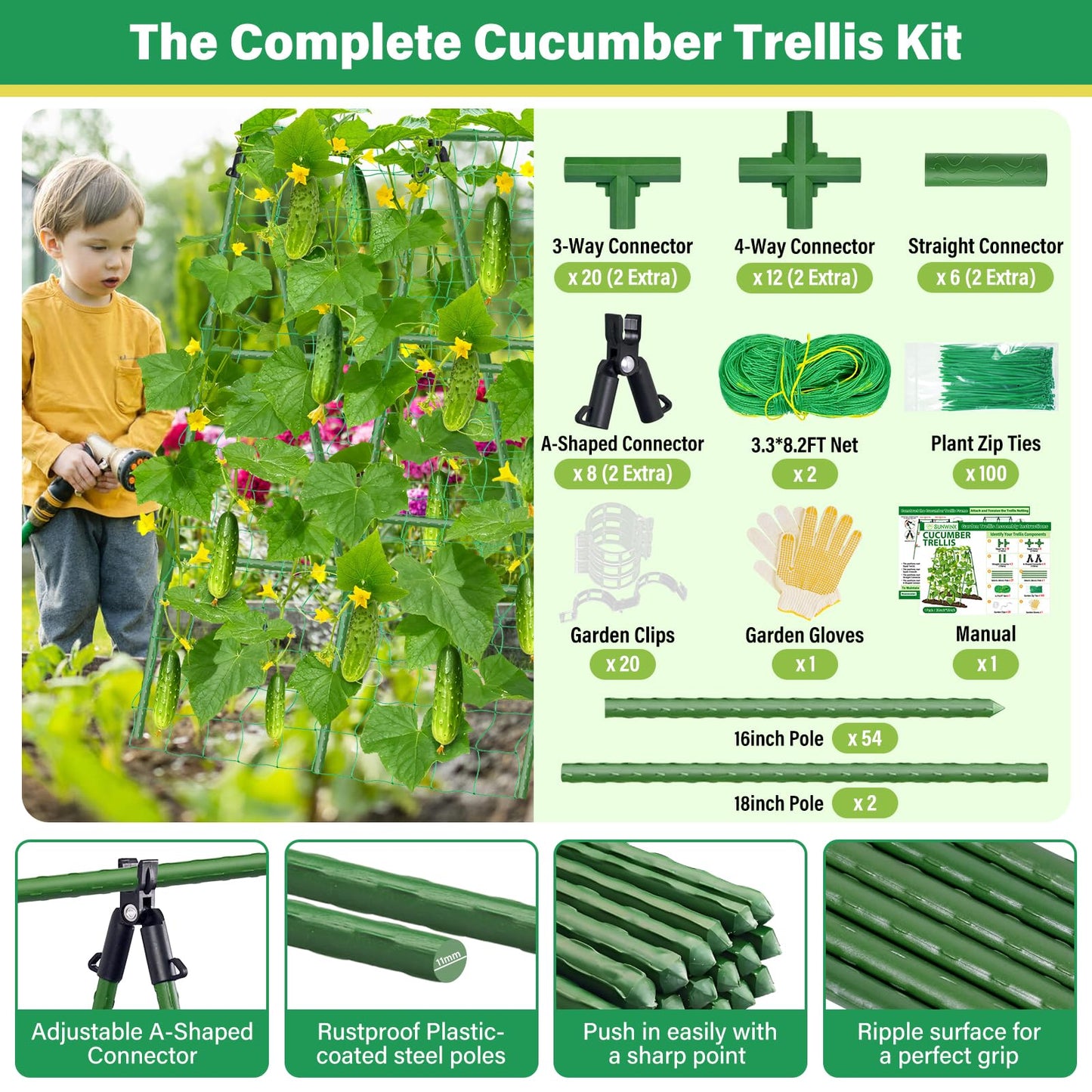 Sunwinx 2Pack 51x35Inch Cucumber Trellis for Raised Bed, Adjustable A-Frame Garden Trellis for Climbing Plants Outdoor with Climbing Net, Meal Plant Trellis for Vegetables Pea Bean Tomato Squash Grape