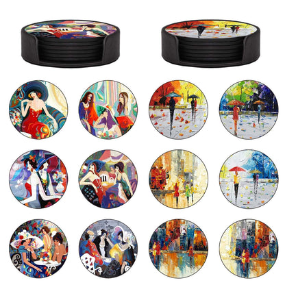 ABCHCHS Coasters Set of 12 - Abstract and Oil Painting Art Design - PU Leather Coasters for Drinks with Holder - Handmade Round Drink Coasters Set for Home Decor and Housewarming Gift