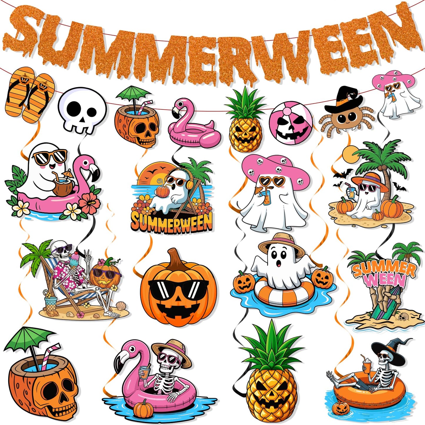 Summerween Decorations, Summer ween Party Supplies with Summerween Banner Garland and Hanging Swirls, Pumpkin Ghost Skull Summer Halloween Decorations for Bearch Pool Decorations
