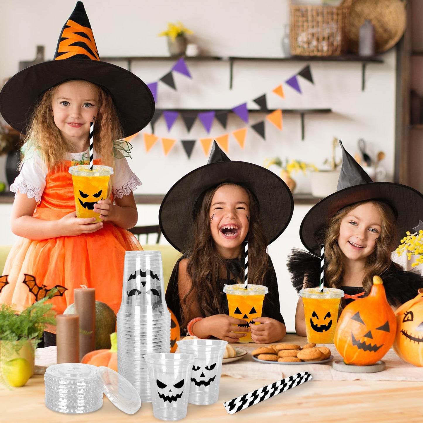 Whaline 60Pcs Halloween Disposable Plastic Cups with Lids and Straws 12oz Jack-O-Lantern Pumpkin Cold Beverage Drinking Cups Scary Printed Party Cup for Trick or Treat Party Supplies