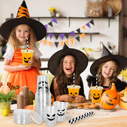 Whaline 60Pcs Halloween Disposable Plastic Cups with Lids and Straws 12oz Jack-O-Lantern Pumpkin Cold Beverage Drinking Cups Scary Printed Party Cup for Trick or Treat Party Supplies