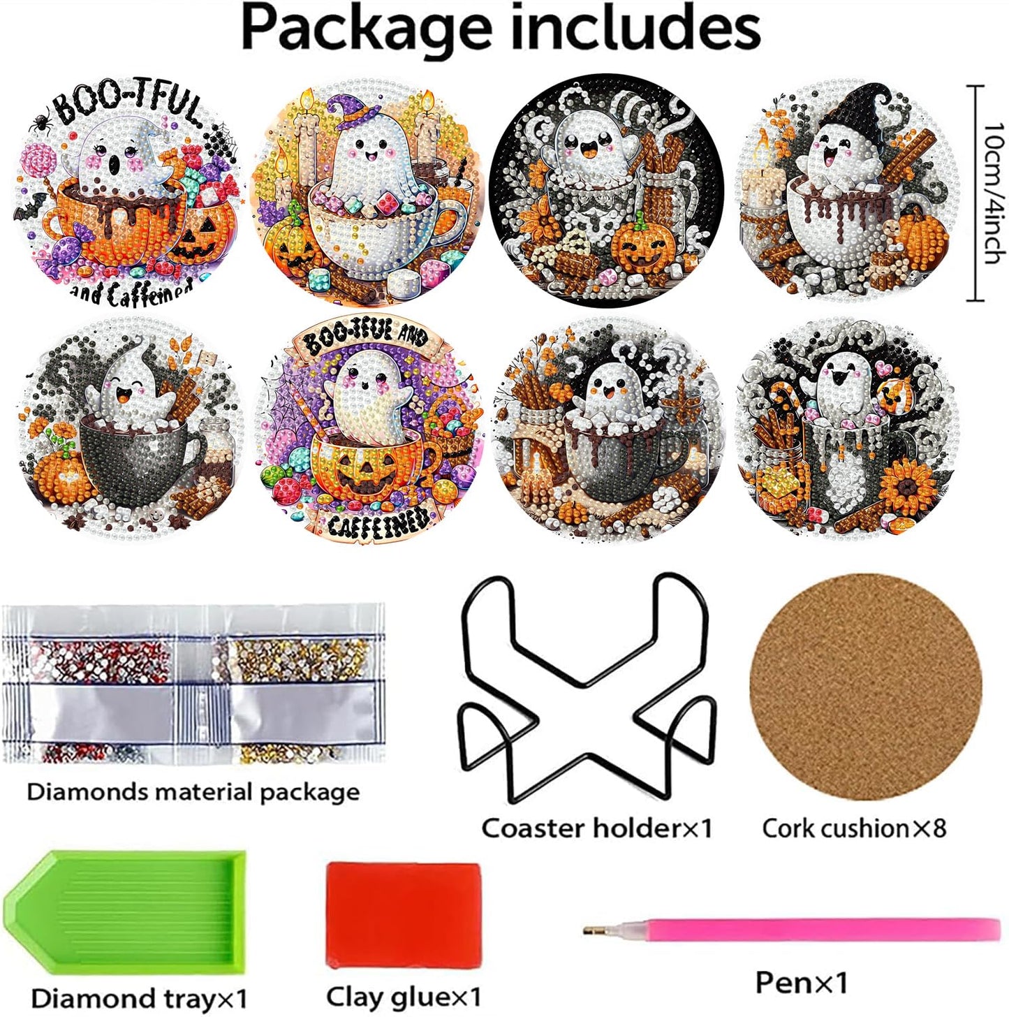 8 PCS Halloween Diamond Art Coasters Kits, Ghost Diamond Painting Coaster Kits Diamond Coasters with Holder Cork Pads Gem Art Dots Paintings Crafts Supplies for Adults Beginners