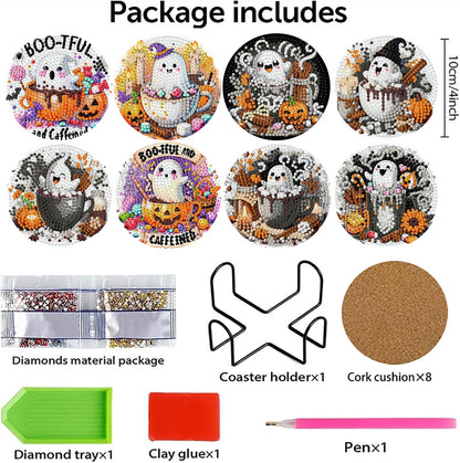8 PCS Halloween Diamond Art Coasters Kits, Ghost Diamond Painting Coaster Kits Diamond Coasters with Holder Cork Pads Gem Art Dots Paintings Crafts Supplies for Adults Beginners
