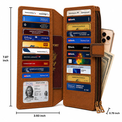 ESS RFID Blocking Leather Wallet for Women Slim Bifold Card Holder – Double Zipper Money Organizer with 43 Card Slots, Passport Pocket, iPhone Storage, ID Window, Travel Wallet Brown