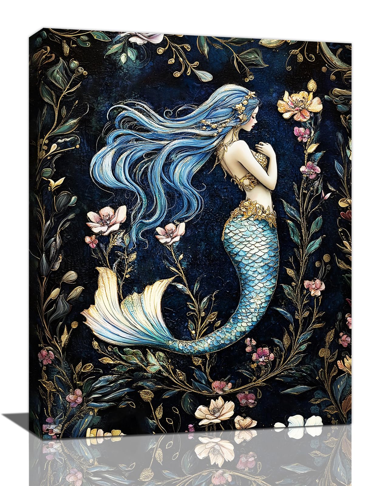 Mermaid Wall Art, Floral Pictures Wall Decor, Retro Mermaid Canvas Prints Painting, Framed Artwork for Bathroom Bedroom Living Room Girl's Room Office Home Decoration 12x16