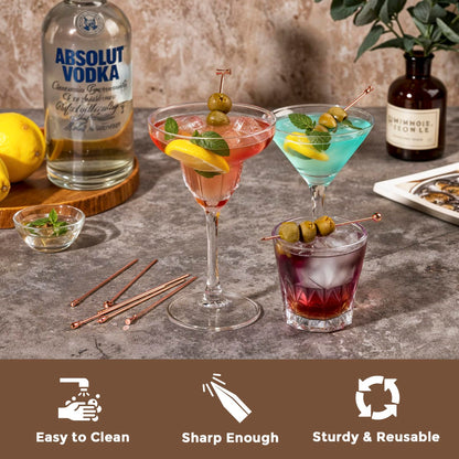 Metal Martini Cocktail Picks 9 Pcs, 4.1 in Olive Skewers Stainless Steel, Drinks Garnish Sticks, Reusable Appetizers Toothpicks, Home Bar Accessories Supplies Gift for Father Bartender - Rose Gold