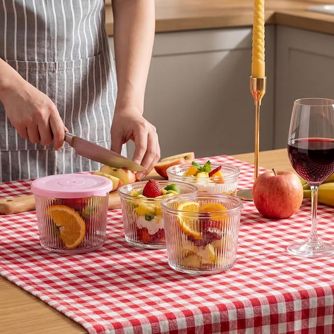 4 Sets Small Glass Bowls with Pink Lids 6.8oz Ribbed Clear Glass Containers Stackable Dessert Custard Pudding Cups Condiment Bowls for Sauces Dips Nuts Oats Candy Dessert Cereal