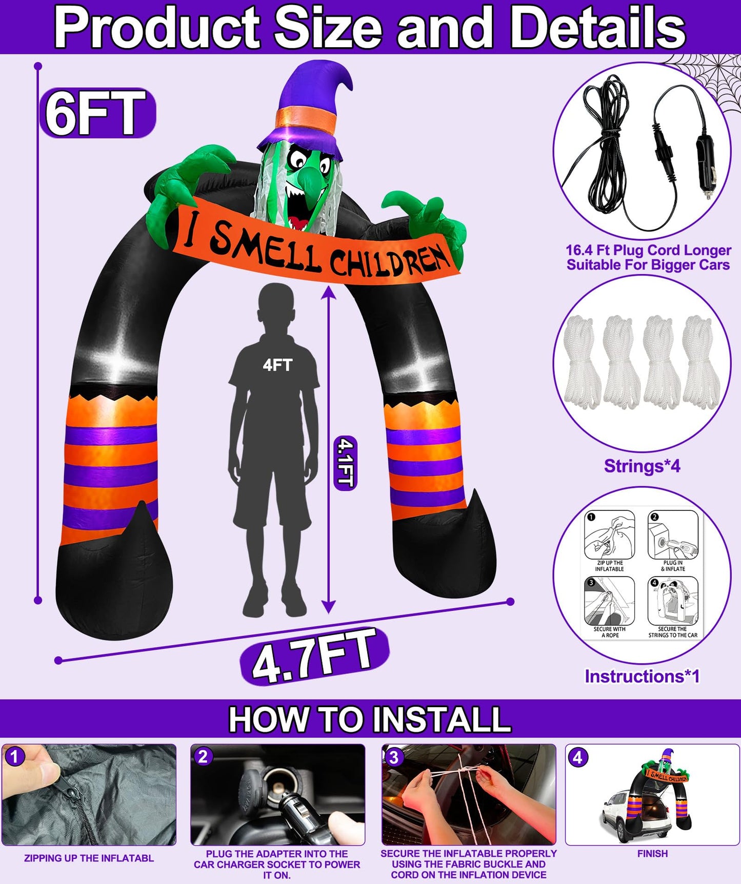 TURNMEON 6FT Halloween Inflatable Trunk or Treat Car Decoration Scary Witch Arch Holds Banner Build-in LED Blow up Car Decor SUV Halloween Outdoor Decorations Party Activities Lawn Yard