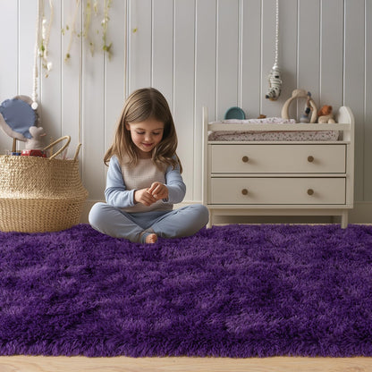 Soft Fluffy Area Rug for Bedroom, Purple Fuzzy Shaggy Oval Throw Rugs for Bedside, Non-Slip Cozy Plush Shag Carpet for Girls Kids Room Nursery Dorm Living Room, 2.6 x 5.3 Feet