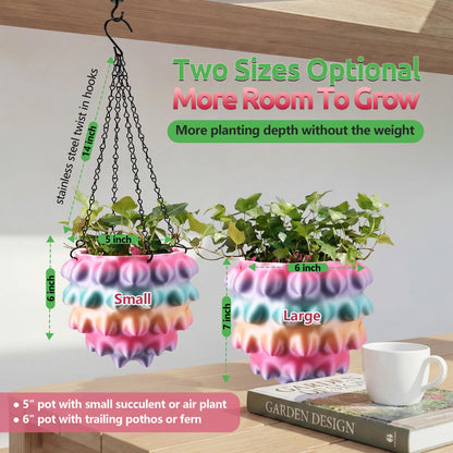 Enhon 7 Inch Hanging Planters for Indoor Plants, Unique Hanging Pots for Plants with Drainage and Hanger Baskets Hangers, Spiked Orb Plant Hanger, Silky Rainbow Finish
