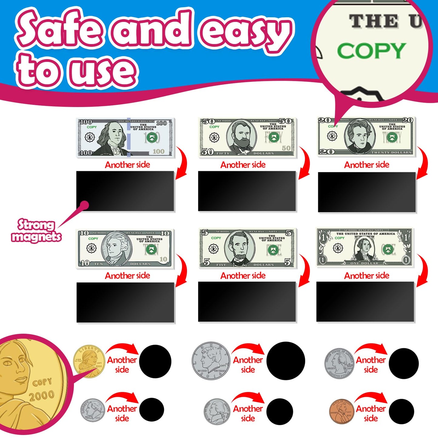 Kasfalci 73 PCS Magnetic Money for Kids for Learning, Math Manipulatives, Learning & Education Toys for Classroom, Pretend Play, Math Games for Toddler, Teacher and Homeschool Supplies