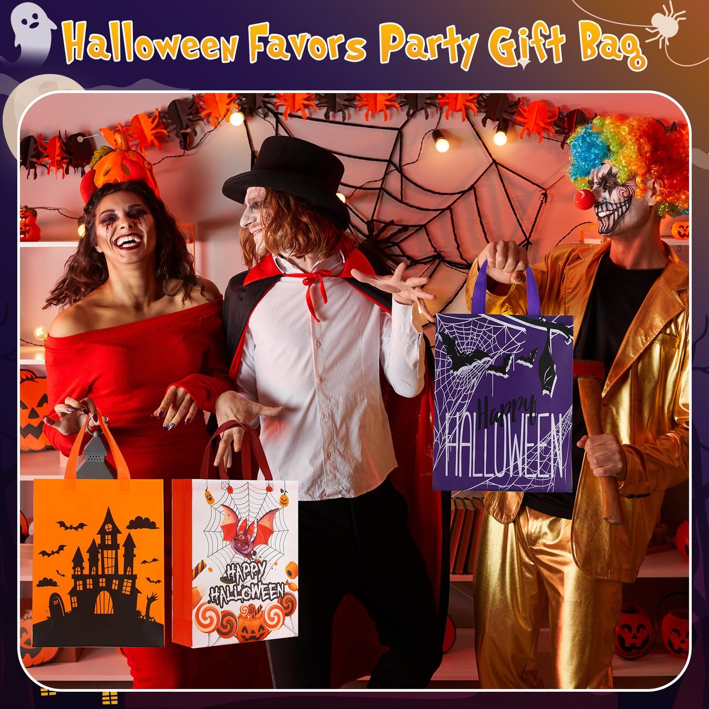 Paterr 72 Pcs Halloween Tote Gift Bags 14.96 x 11.8'' Large Trick or Treat Bags Non Woven Candy Treat Goody Reusable Tote for Halloween Party Supplies
