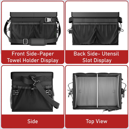 FANGSUN Black Grill Caddy, BBQ Organizer with Lid & Paper Towel Holder, Picnic Griddle Caddy for Outdoor Camping, Barbecue Accessories Organizer, 32L Capacity, Black
