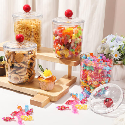 VZZNN 4 Pack Candy and Jars with Lids for Office Desk, Plastic Cookie Storage Jar for Kitchen Counter, Plastic Apothecary Jar for Cotton Swabs, Balls, Cotton Pads (1400ml)