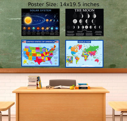 World Map, United States Map, Solar System, and Moon Phases Posters – Laminated 14x19.5 in – Educational Posters, Classroom Decorations, Teachers Supplies, Virtual Learning for Kids, Homeschool Decor