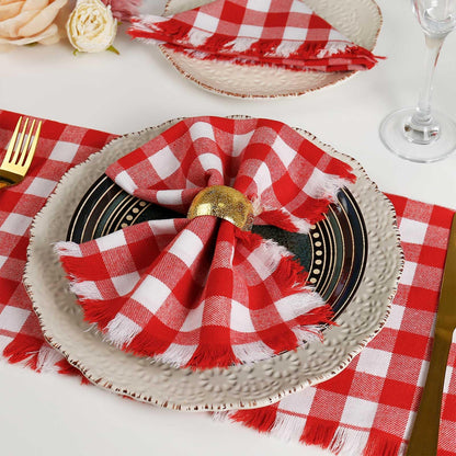 Red White Plaid Cloth Napkins with Fringe Set of 8, Buffalo Checkered Cotton Napkins Washable, Oversized Gingham Napkins, Christmas Dinner Napkins for Wedding, Parties, Thanksgiving, Dinner Decor