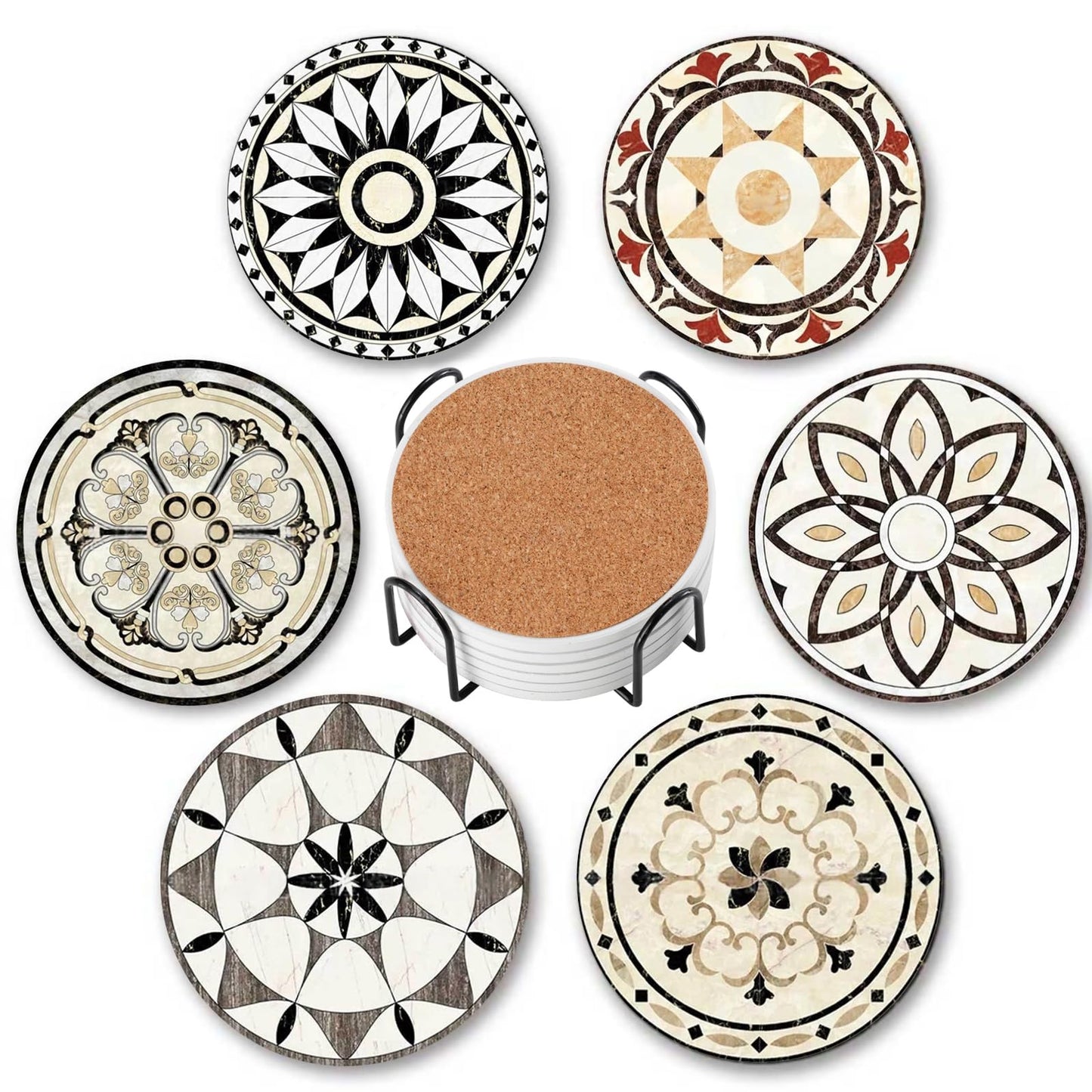 Baalaka Drink Coasters Set of 6 with Holder, Ceramic Absorbent Coaster for Drinks, Boho Coasters with Cork Base for Tabletop Protection, Coffee Table Decor 4 inches