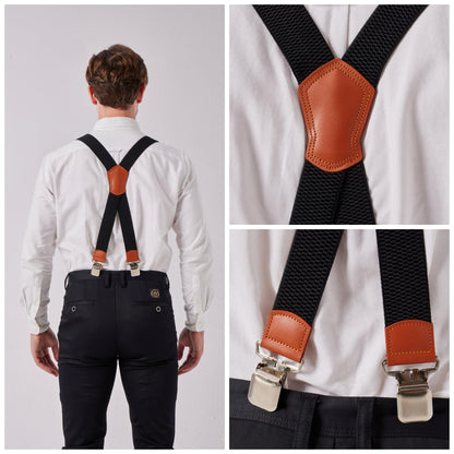 LazarsSpace Heavy Duty Suspenders for Men X Type 4 Clips 1 1/2" Wide Straps Black