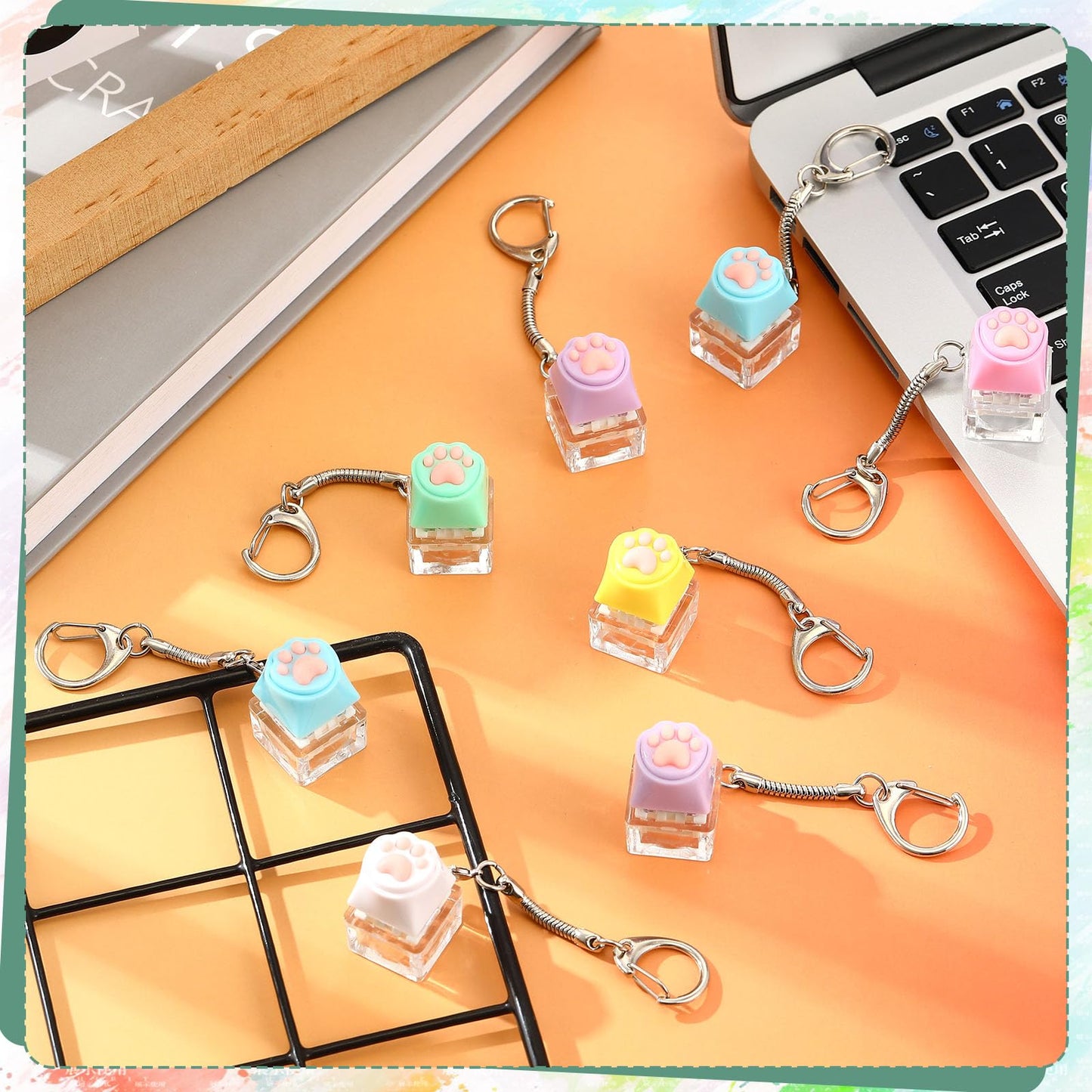 Lewtemi 24 Pcs Keyboard Fidget Clickers Cat Paw Keyboard Keychain Decompression Relief Button Finger Clickers for Adults Office Birthday Party Gifts to Relief Stress Pass the Time (Macaron Colors)