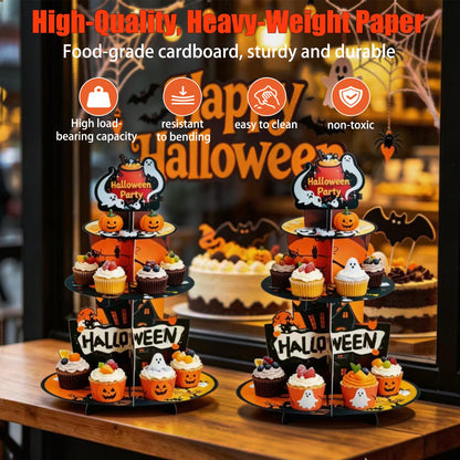 2PCS 3-Tier Halloween Paper Cupcake Stand, Halloween Themed Dessert Display Rack, Heavier-Gauge Paper Display Stand for Home Party & Dessert Serving (Multicolor)