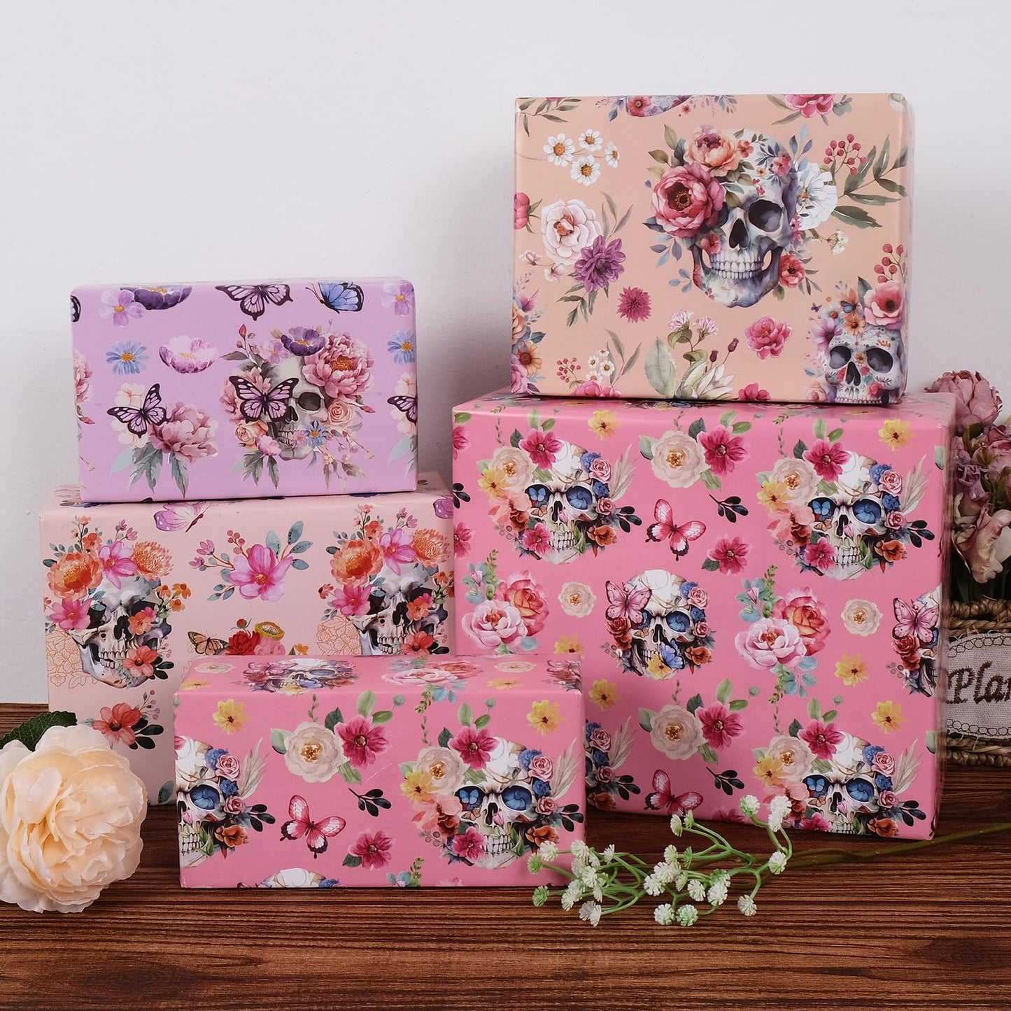 Aimyoo Halloween Wrapping Paper Rolls - 17 Inch x 16.5 Feet - 4 Rolls - Gothic Skull, Floral Design Perfect for Halloween, Christmas Decorations, Holidays, and Parties