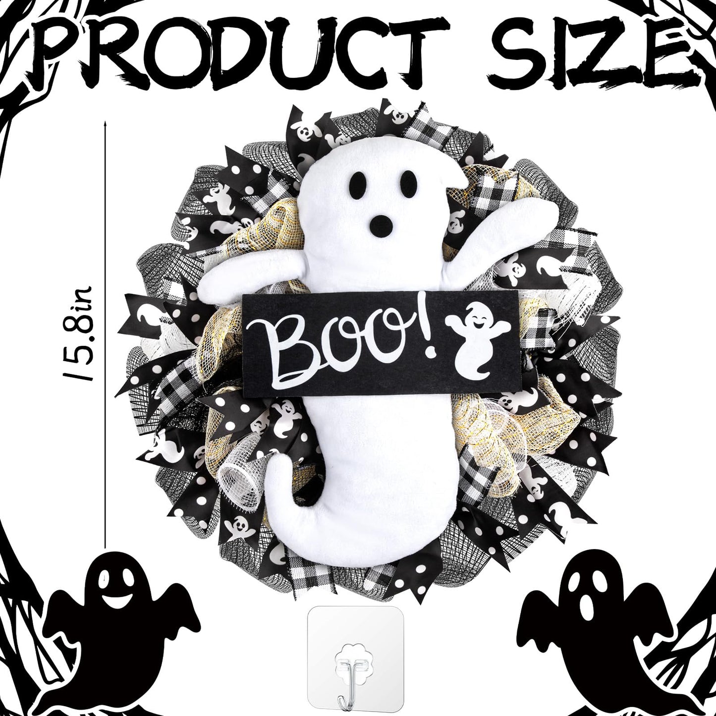 16 Inch Halloween Ghost Wreath Burlap Wreath with Ghost Doll Artificial Hanging Garland for Halloween Decorations Indoor Outdoor Party Supplies