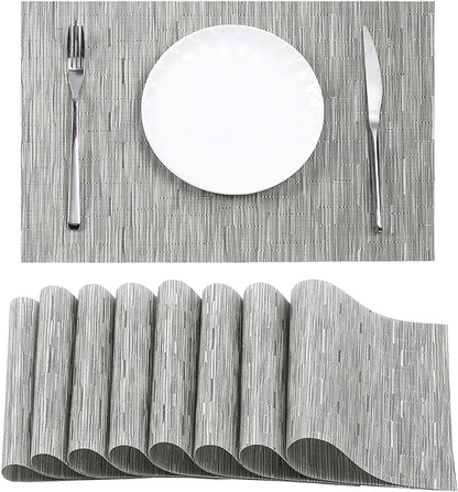 Leetaltree Silver Placemats Set of 8 - Heat Resistant Non-Slip Place mats for Dining Table, Washable Durable PVC Vinyl Woven Table Mats（Silver, 8）