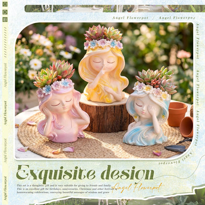 Teecyhooo 3 Pcs Miniature Fairy Head Succulent Plant Pot Set, 4 Inch Angel Face Flower Pots, Indoor Cactus Pots, Cute Vase Decorations for Garden Home Decor Plant Lovers Gift