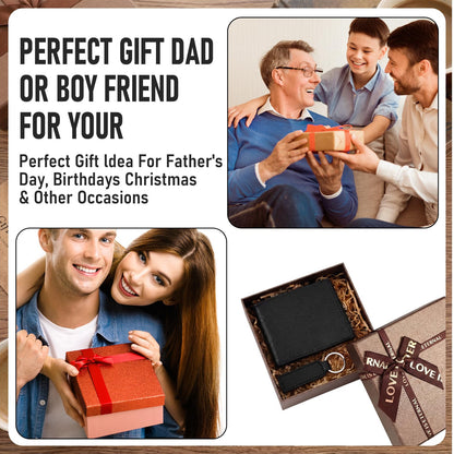Frienda 12 Sets Fathers Day Black Leather Photo Wallet and Keychains for Men PU Leather Bifold Wallets with Pockets Gifts Church Bulk for Husband Son Dad