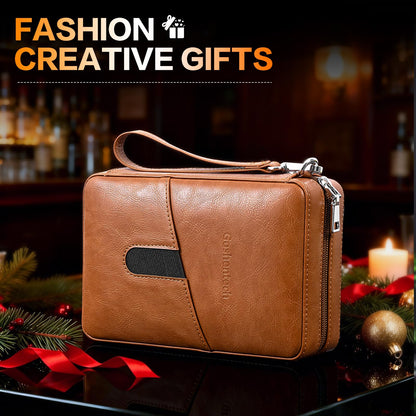 Leather Cedar Wood Case, Travel Box with Hygrometer, Capacity: 6pcs,Draw Enhancer Tool, Gifts for Men(Brown)