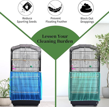 Daoeny 2Pcs Universal Bird Cage Cover, Adjustable Seed Feather Catcher, Soft Airy Nylon Mesh Parrot Net, Birdcage Cover Skirt Sheer Guard for Round Square Cages (Green+ Blue)