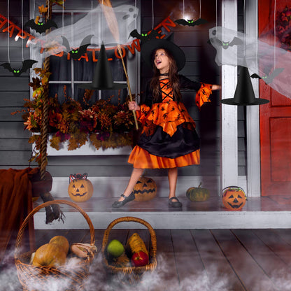 Fovths 12 Pieces Halloween Hanging Decoration With Glow Eyes - 6 Pack Black Witch Hat for Garden Yard Lawn Scary Decor Outside