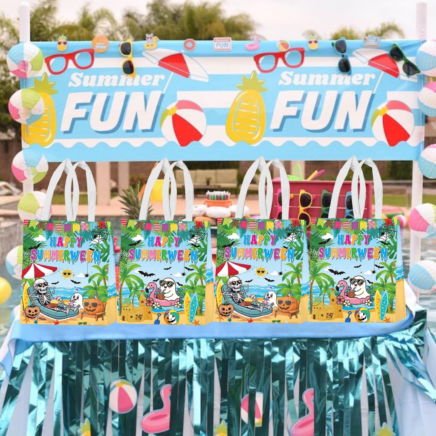 Ertyjikg 20PCS Summerween Gift Bags - Happy Summerween Decorations, Non-Woven Reusable Goodie Favor Bags for Halloween In Summer Party Supplies