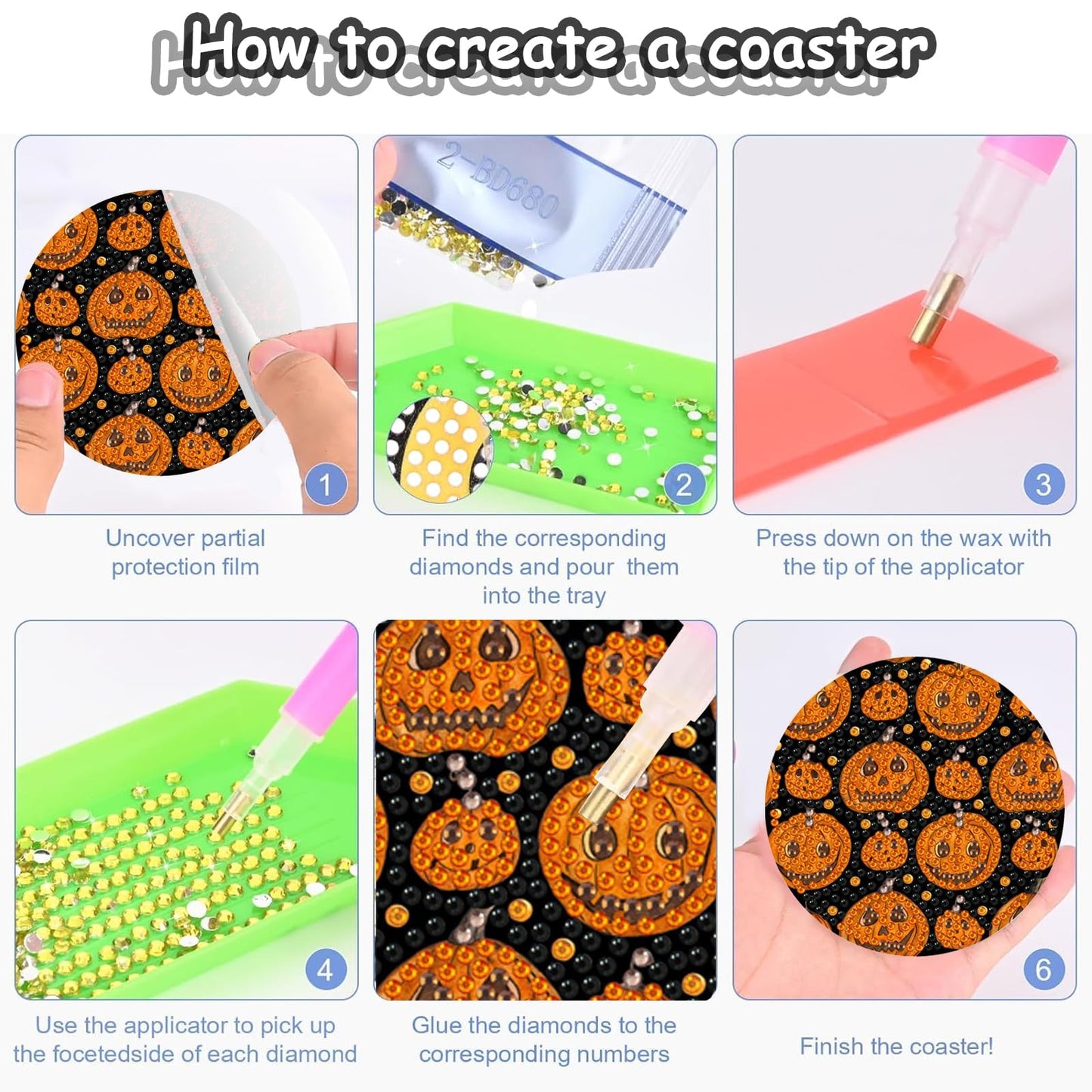 Demonwer 8 Halloween Diamond Art Coasters with Holder DIY Halloween Diamond Dot Coasters 5d Full Drill Diamond Coasters for Adults