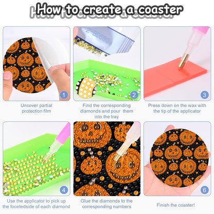 Demonwer 8 Halloween Diamond Art Coasters with Holder DIY Halloween Diamond Dot Coasters 5d Full Drill Diamond Coasters for Adults