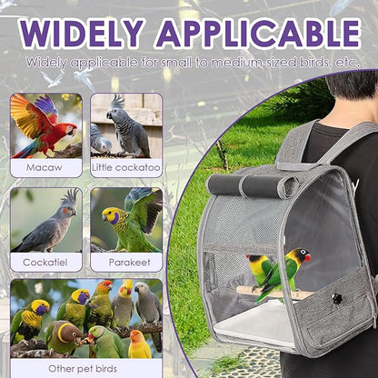 Bird Carrier Backpack, Breathable Bird Travel Backpack Set with Standing Perch and Tray, Pet Transparent Breathable Travel Cage, Pet Travel Cage for Cockatiels, Parrots, Hiking
