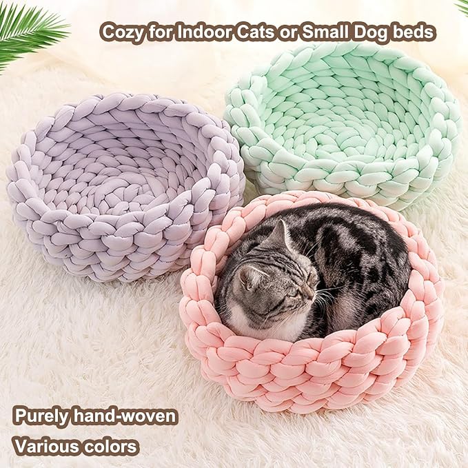 Woven Dog Bed Basket, Knitted Cotton Cat Bed Round Washable Woven Cat Pet Bed Chunky Dog Basket, Orthopedic, Chunky Knit Dog Nest,Dog Bed,Dog Cave,Dog Bedding(Green 3,23")