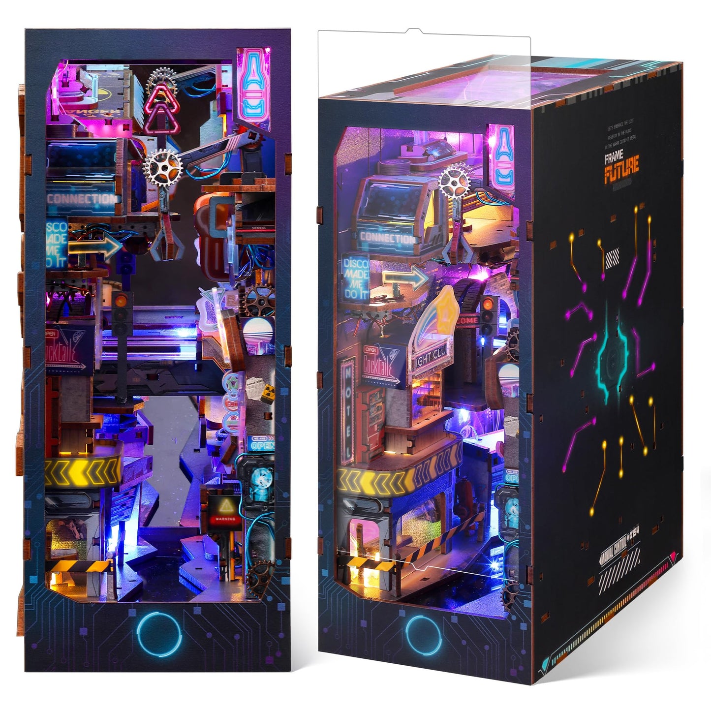FUNPOLA 3D Wood Puzzle Book Nook Kit, Futuristic Miniature Bookshelf Insert with LED Lights, DIY Cyberpunk Bookend Décor for Display, Unique Craft for Adults and Teens (Endless Dimensions)