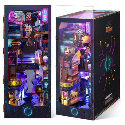 FUNPOLA 3D Wood Puzzle Book Nook Kit, Futuristic Miniature Bookshelf Insert with LED Lights, DIY Cyberpunk Bookend Décor for Display, Unique Craft for Adults and Teens (Endless Dimensions)