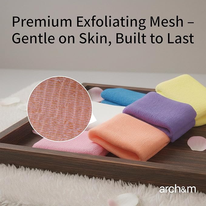ARCH&M Exfoliating Washcloth 12 Pack, Black Off-White Navy-Blue | Back Scrubber for Shower, Japanese Exfoliating Shower Towel, Korean Beauty Wash Cloth, Daily Use
