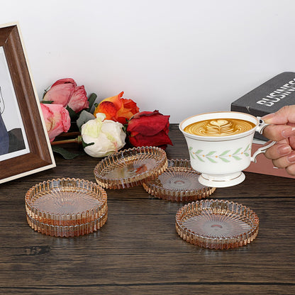 OGANAZI Modern Clear Coasters Set of 5- Glass Cute Coasters for Drinks Crystal Coaster Round Chic Cup Mat Cute Coffee Table Coaster for Kitchen, Bar, Dining Room, Living Room, Patio(Amber)