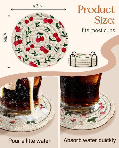 Kokaaee Drink Coasters Set of 4 - Cute Absorbent Cup Coasters for Drinks Coffee Table Office Home Desk Decor Soft Woven Cotton Cloth Braided Fabric Drinking Cup Mat with Holder Mushroom Cherry Fruit