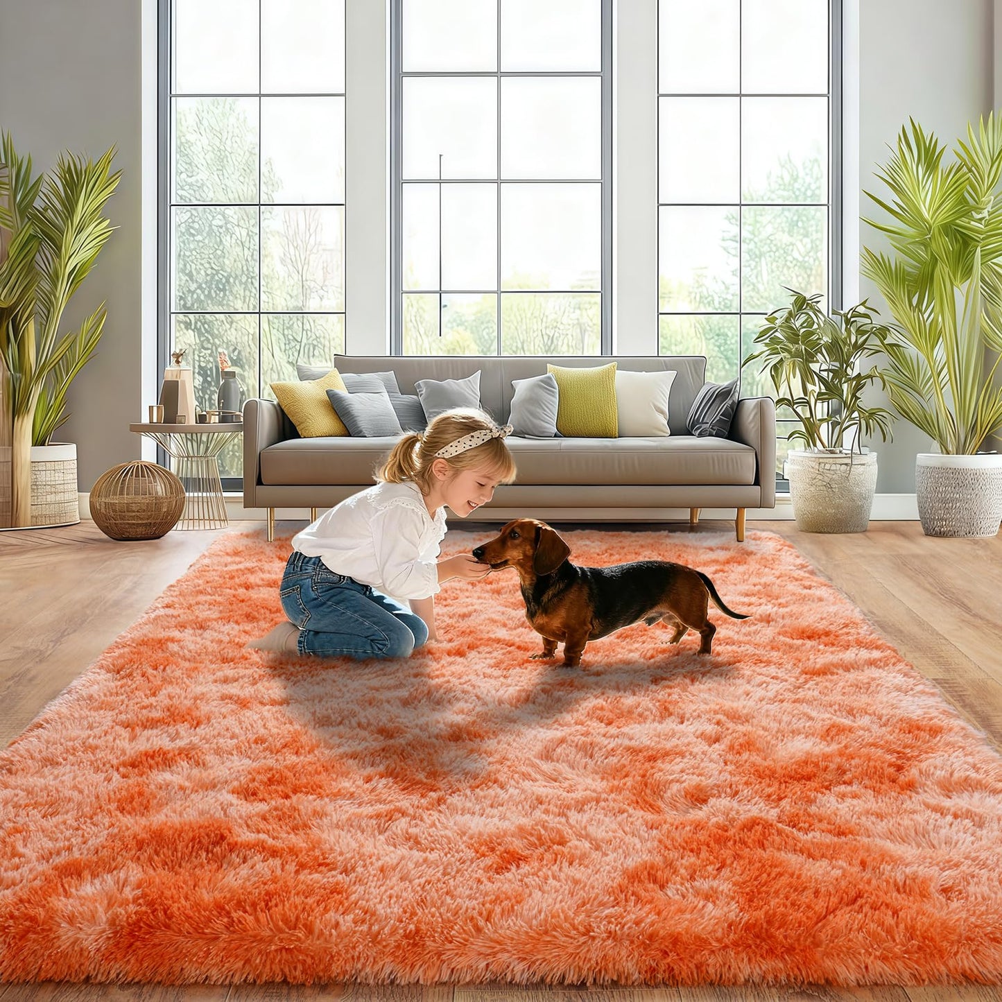 Upgrade Non-Slip Plush Rugs for Living Room, Soft Shaggy Carpets for Living Room, Fuzzy Rugs for Kids' Room, Perfect Decor for Modern Home Tie Dye Orange 5x7Feet