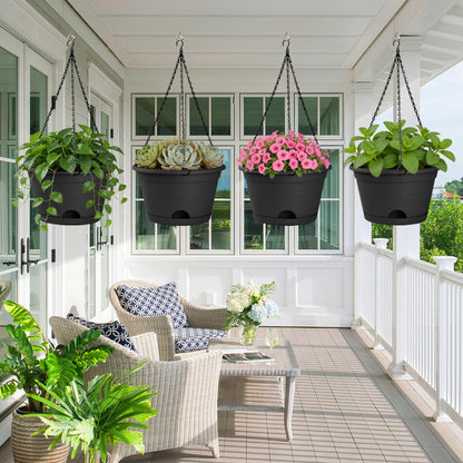 Nooulap 4 Pack Hanging Planters, 10 Inch Hanging Plant Pot with Hanger Chain & Drainage Trays, Hanging Baskets for Plants Outdoor Indoor, Flowers Pots for Home, Garden, Porch Decor (Black)