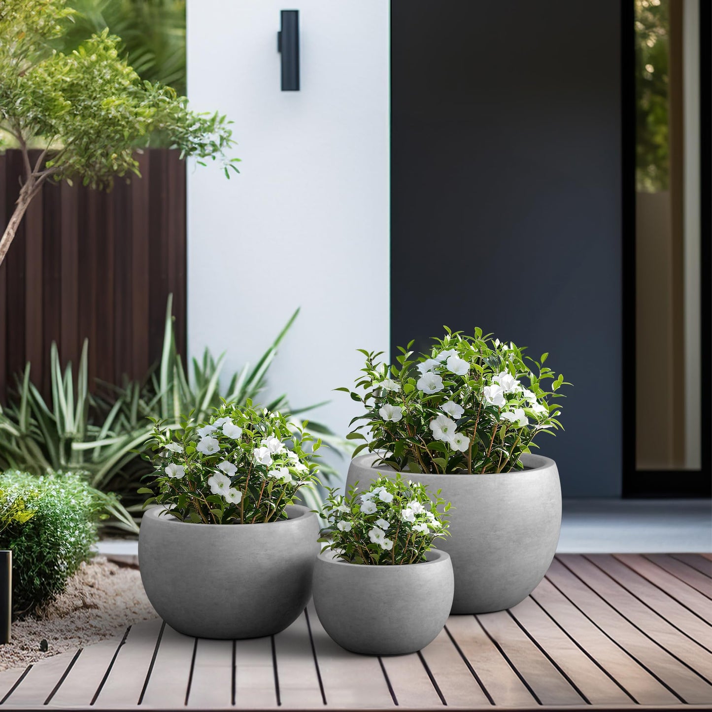 Kante 19.9",15.7",11.8" Dia Round Concrete Planter Set of 3, Outdoor/Indoor Large Bowl Plant Pots with Drainage Hole and Rubber Plug for Garden Patio Balcony Home, Natural Concrete