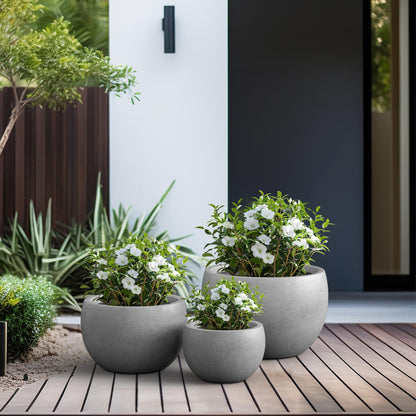 Kante 19.9",15.7",11.8" Dia Round Concrete Planter Set of 3, Outdoor/Indoor Large Bowl Plant Pots with Drainage Hole and Rubber Plug for Garden Patio Balcony Home, Natural Concrete